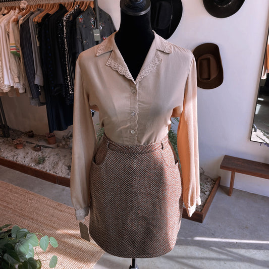 1970s Vintage Tan with Lace Hem Blouse