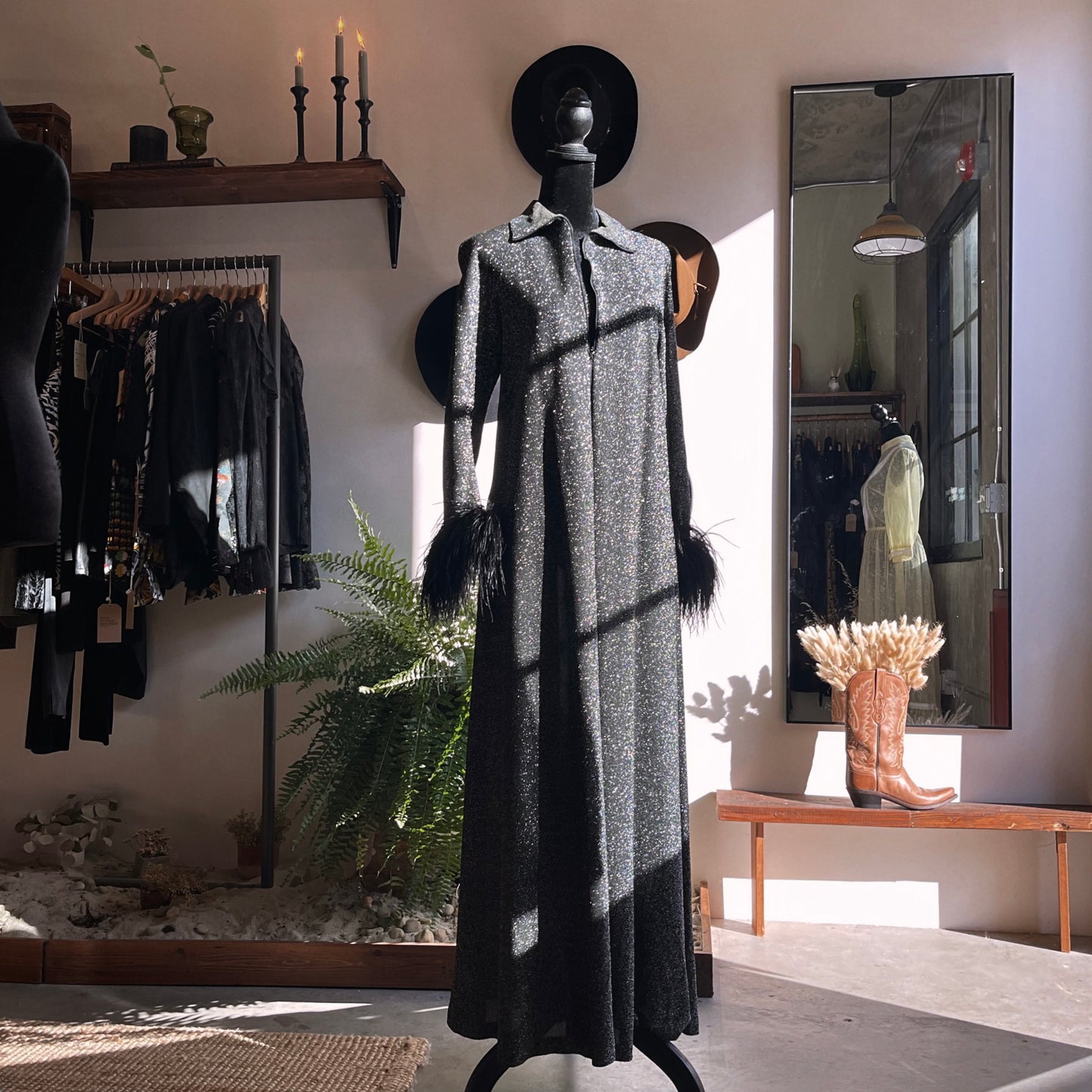 1970s Loll Ease Lurex Gown with Ostrich Feathers