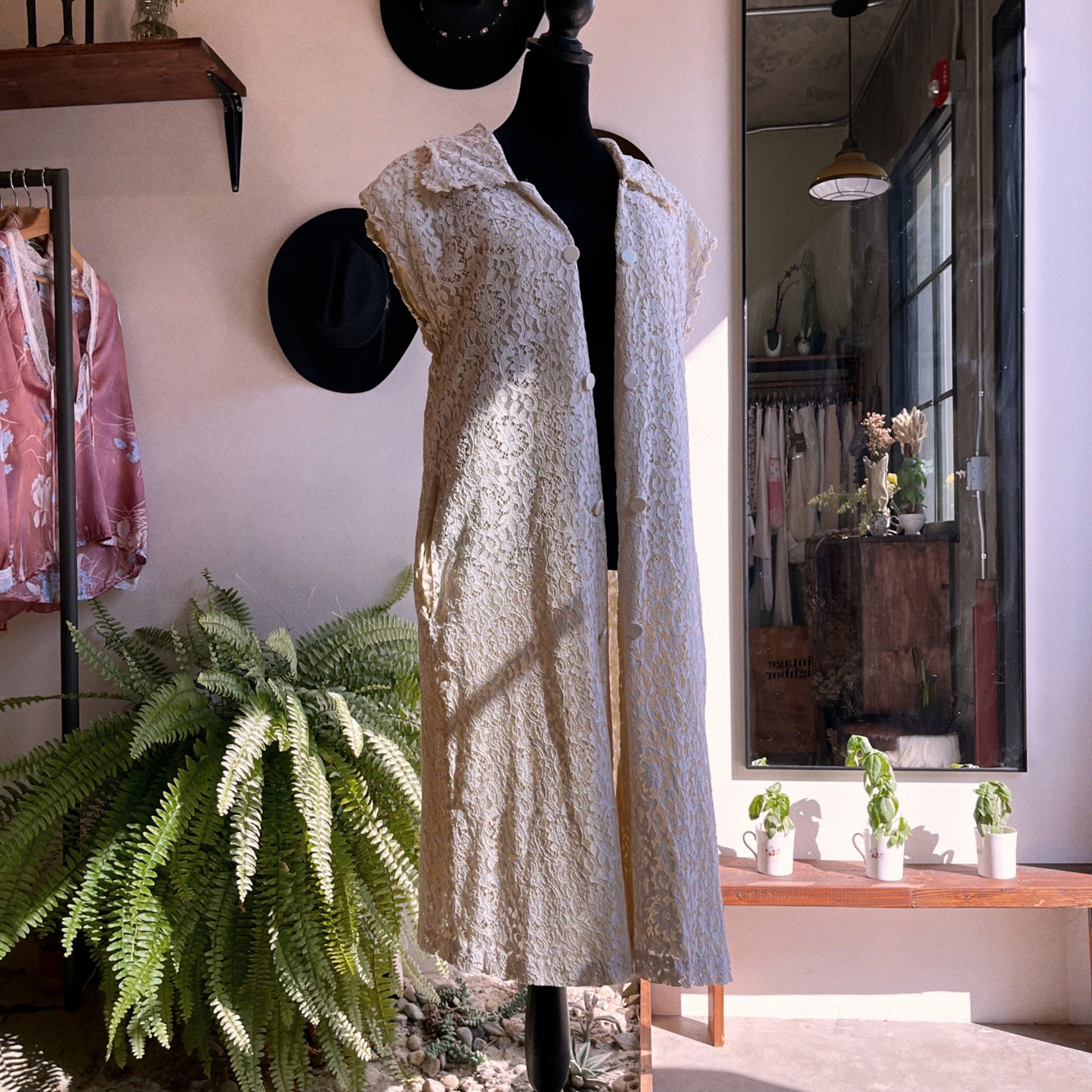 60s Vintage Sleeveless Lace Double Breasted Dress or Vest L / XL