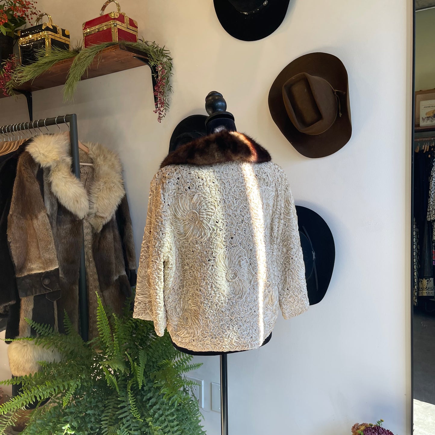 Vintage Antique Ribbon Coat with Mink Fur Collar