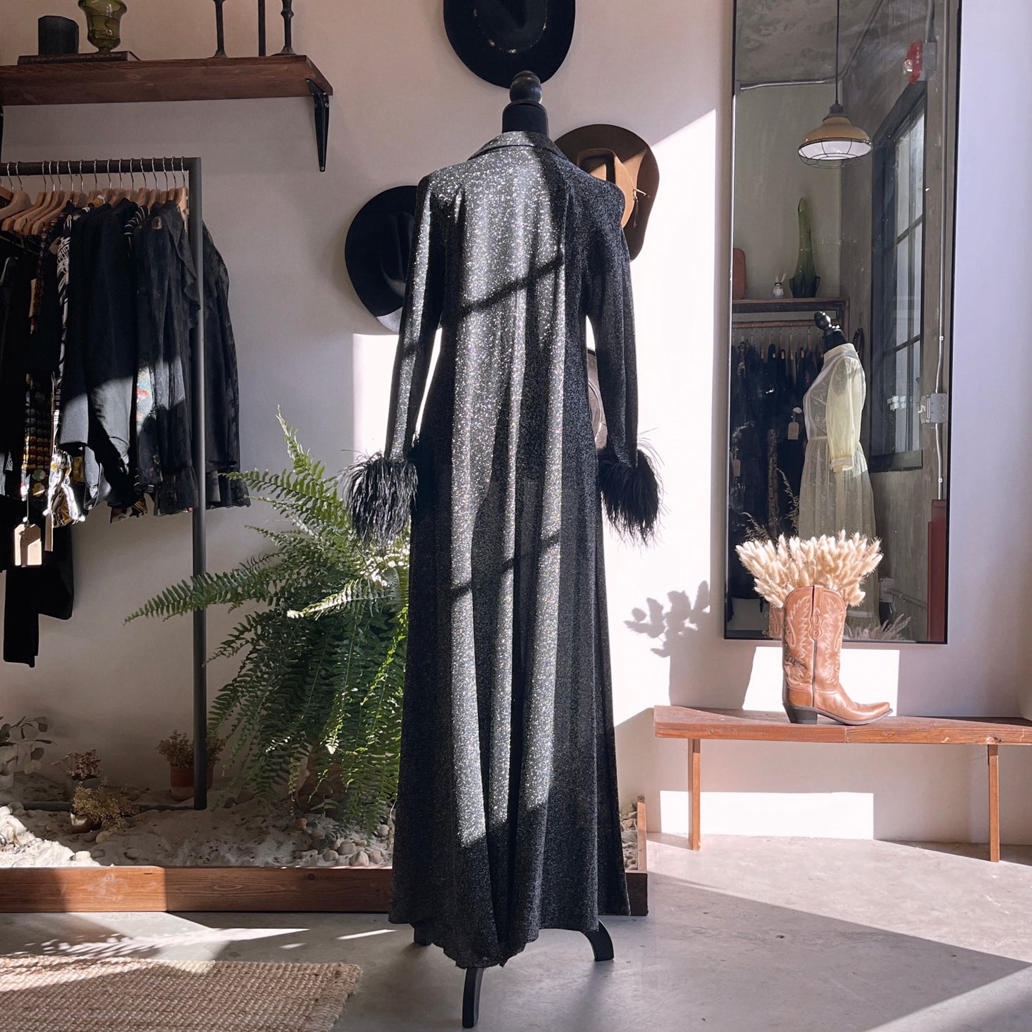 1970s Loll Ease Lurex Gown with Ostrich Feathers
