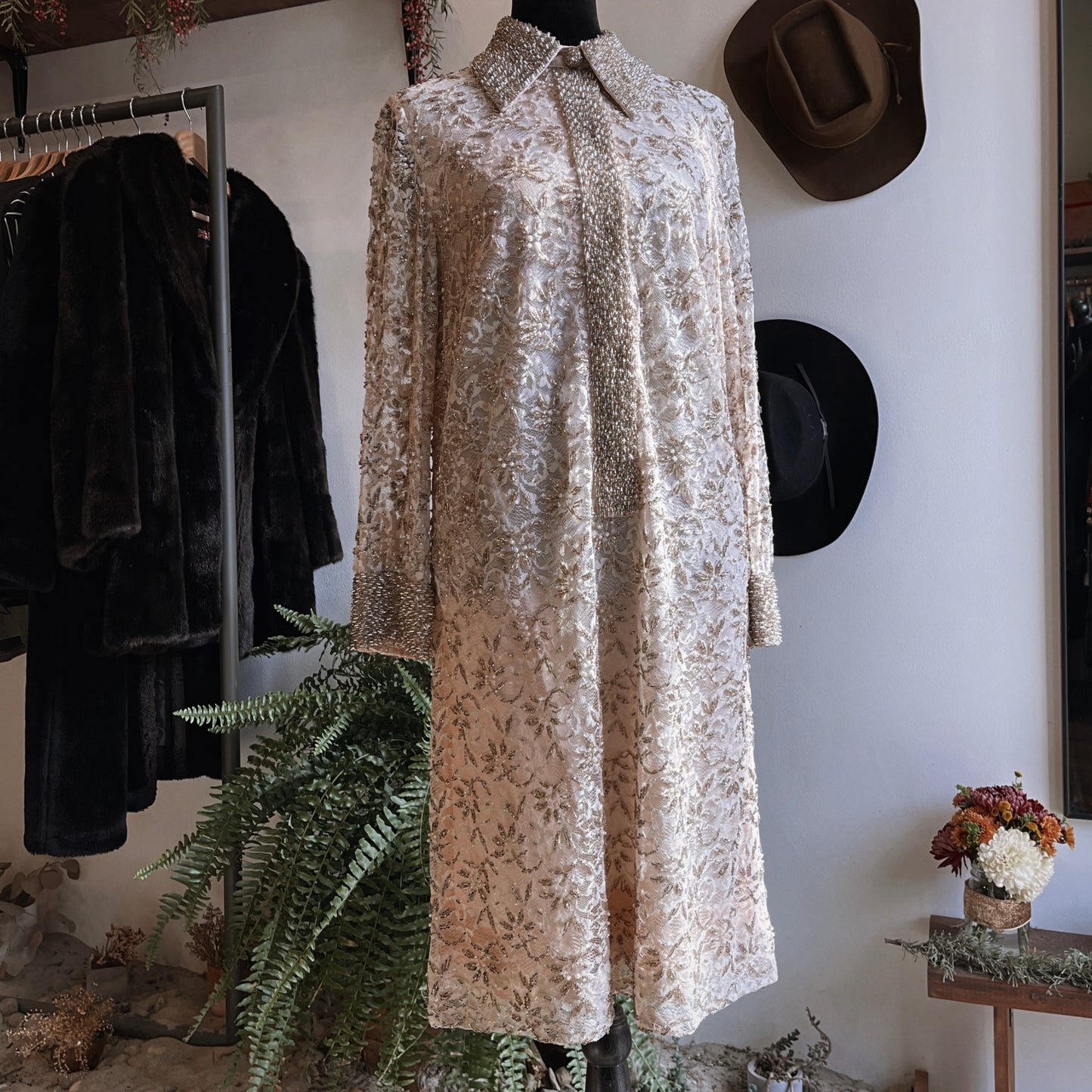 1960s Vintage Couture Silk Lace Beaded Dress