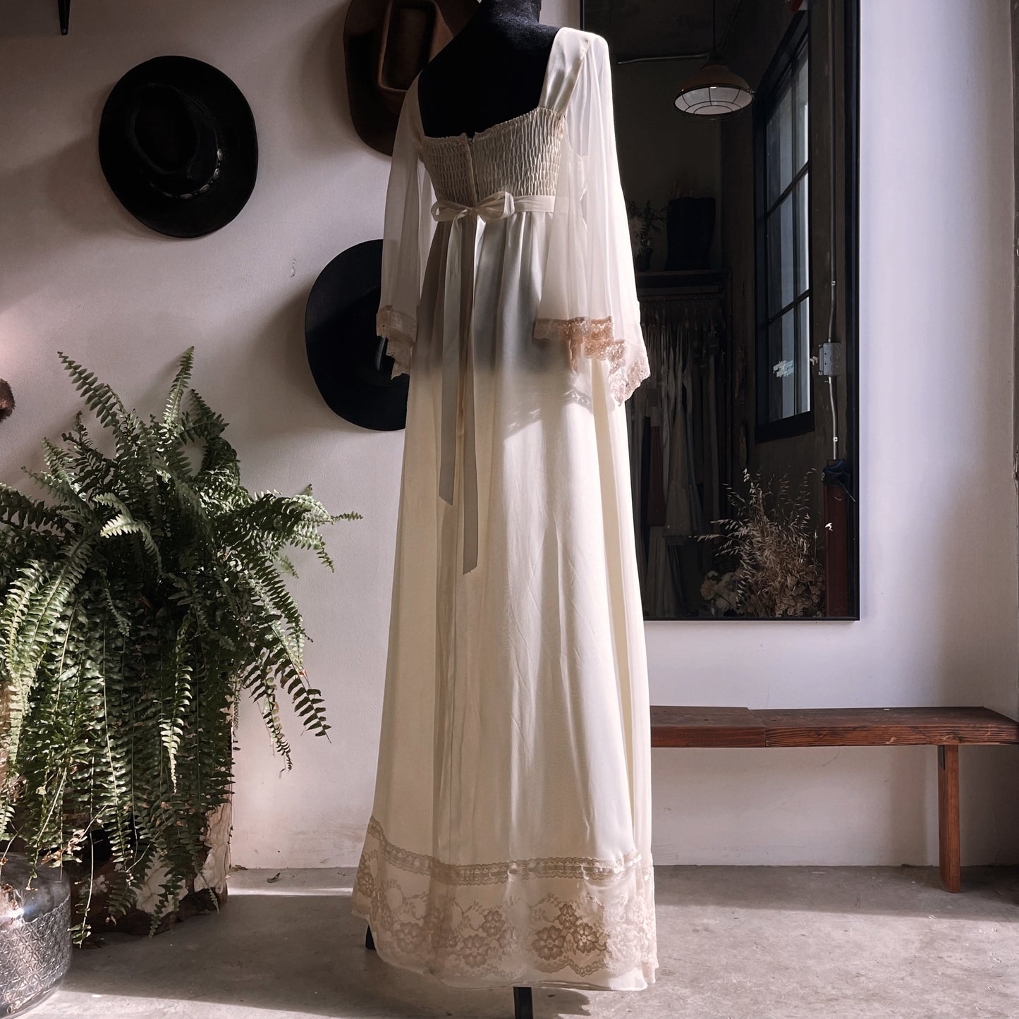 Vintage 1970s Joseph Magnin Flutter Sleeve Gown