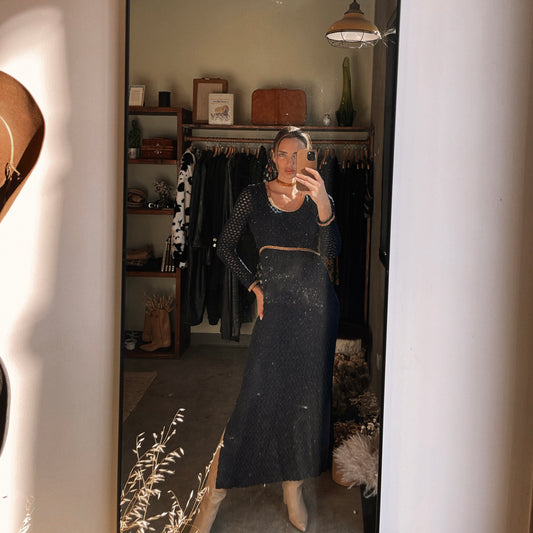 1960s Vintage Navy Knit Scoop Neck Gown