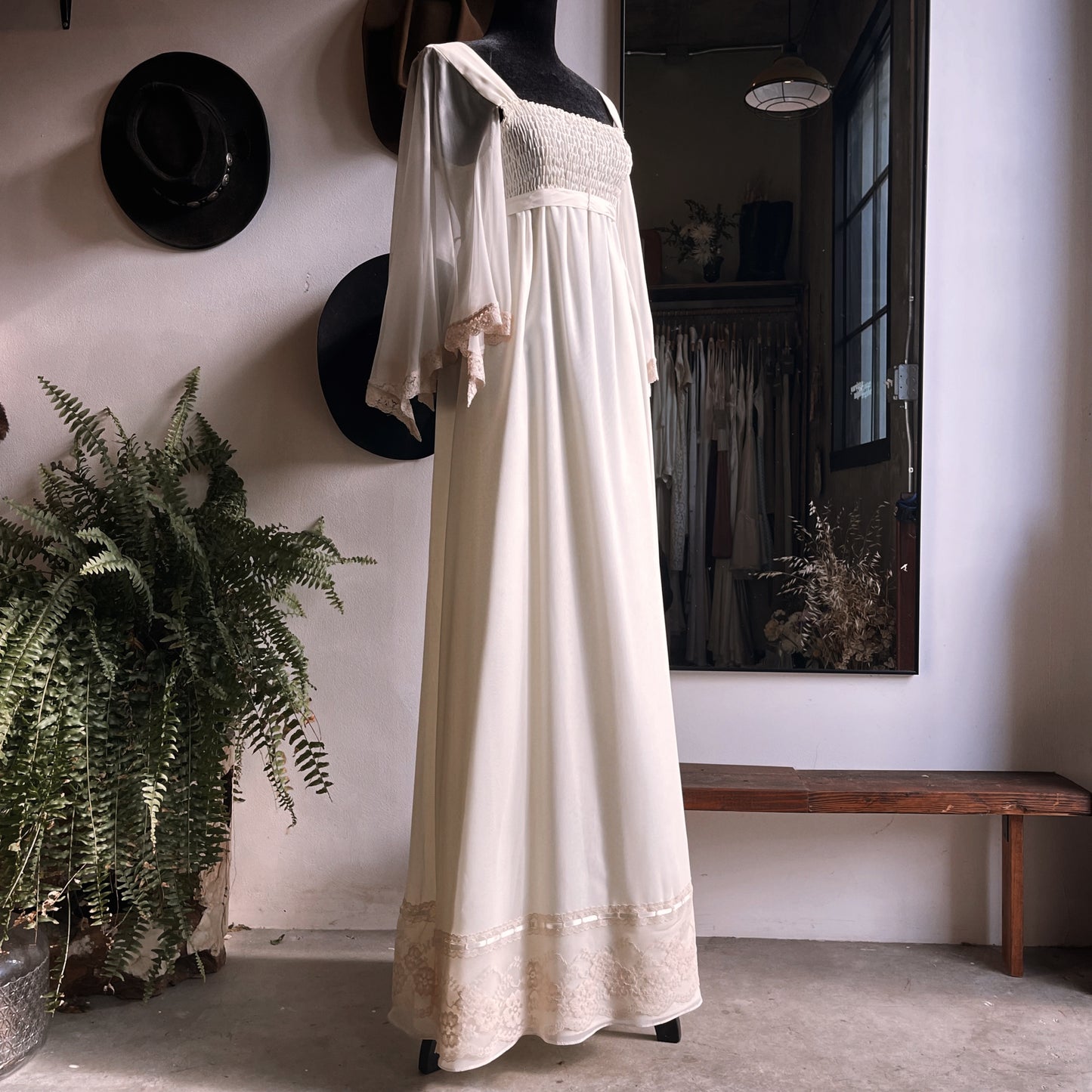 Vintage 1970s Joseph Magnin Flutter Sleeve Gown