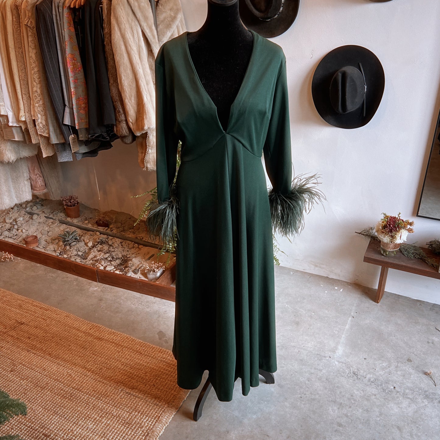 1960s Vintage Knit Gown with Ostrich Feather in Green