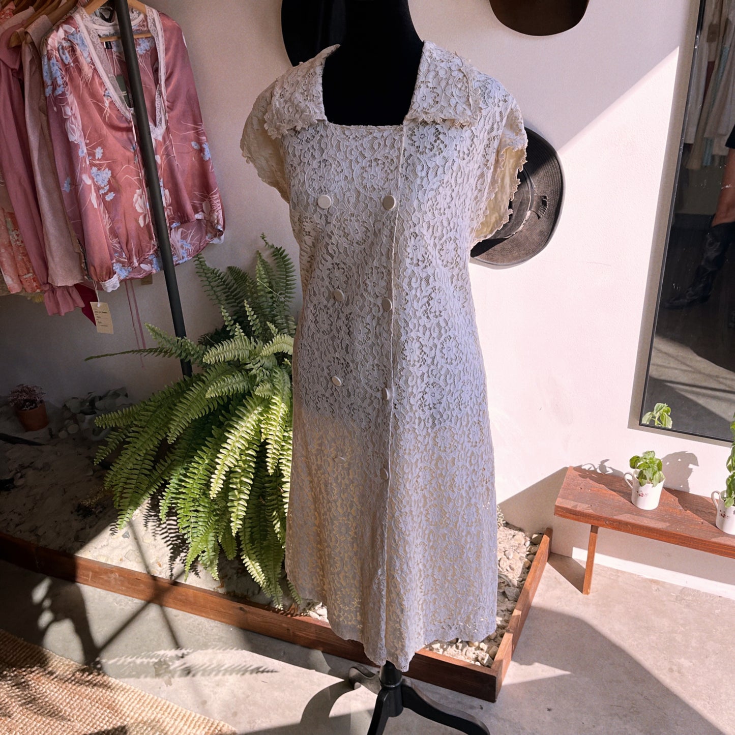 60s Vintage Sleeveless Lace Double Breasted Dress or Vest L / XL