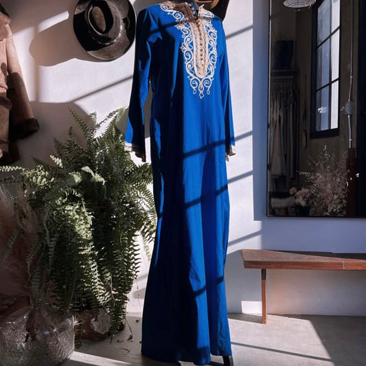 Vintage Traditional Moroccan Kaftan Cotton Embroidered Blue
