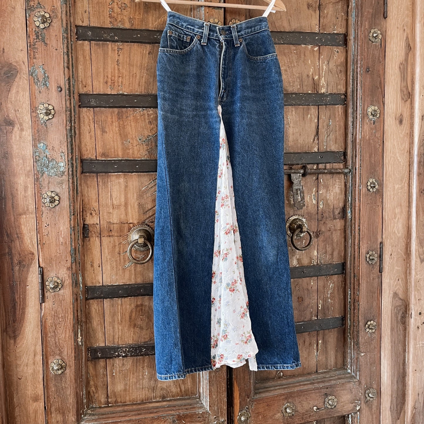 1990s Vintage Levi’s Upcycled Denim Skirt with Floral Insets