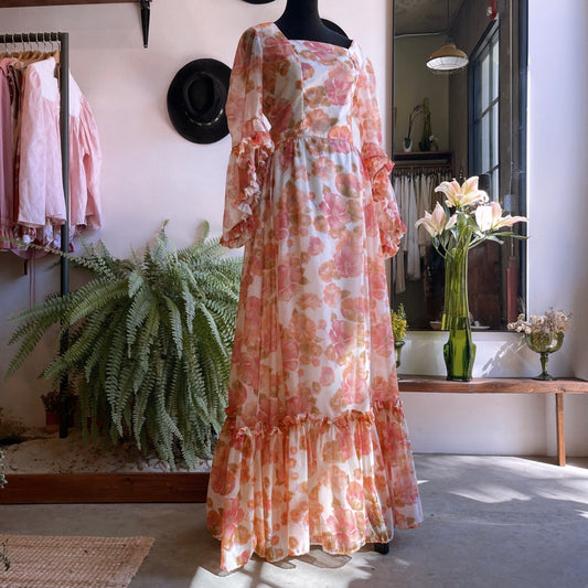 70’s Vintage Floral Dress Butterfly Sleeves