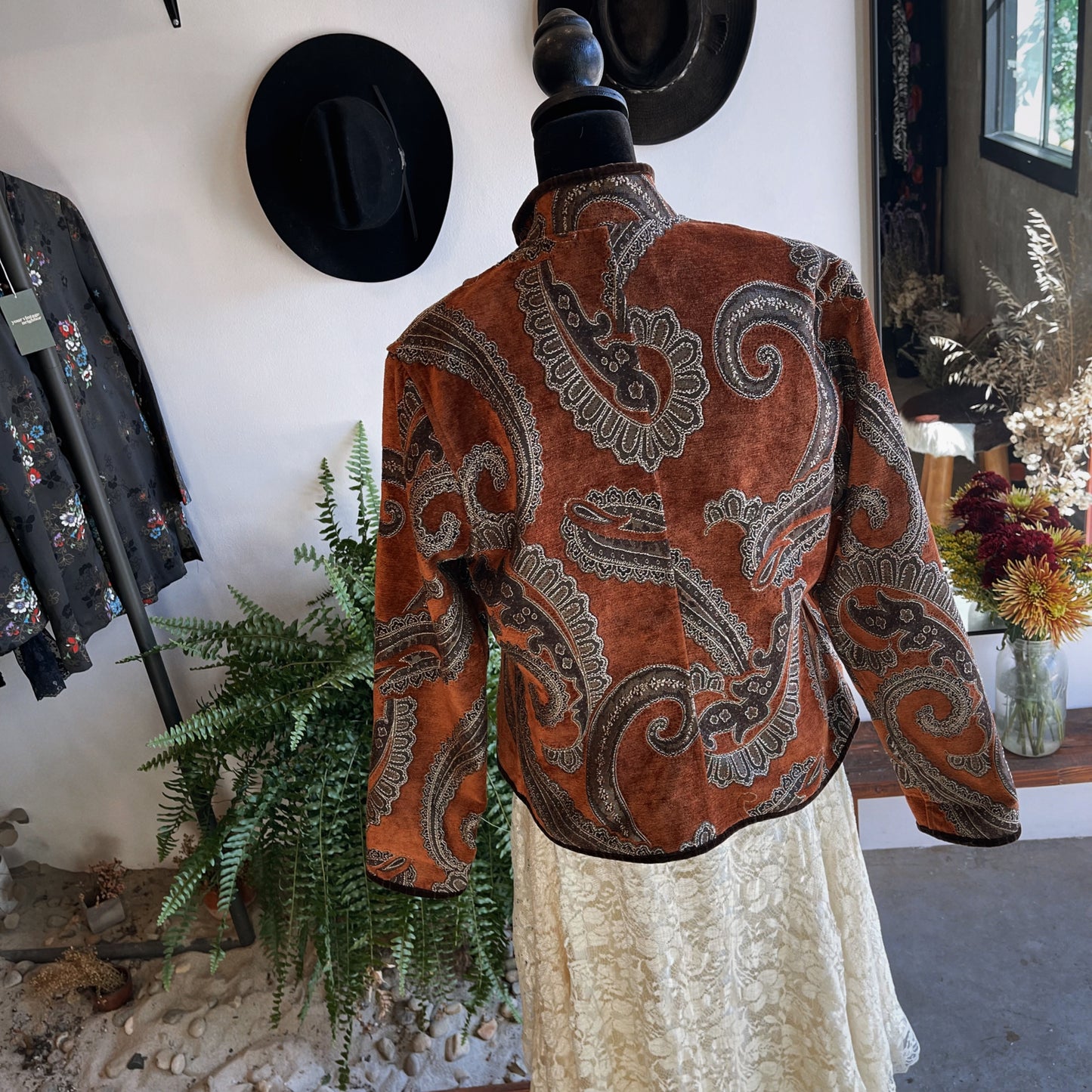 1980s Vintage Rust Metallic Tapestry Coat with Velvet Piping