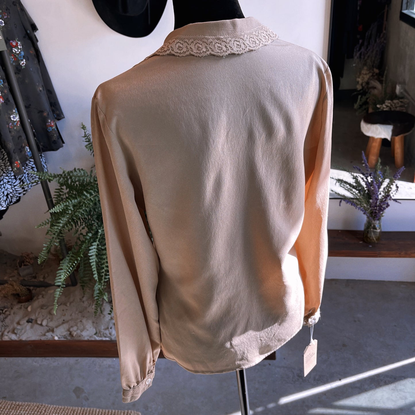 1970s Vintage Tan with Lace Hem Blouse