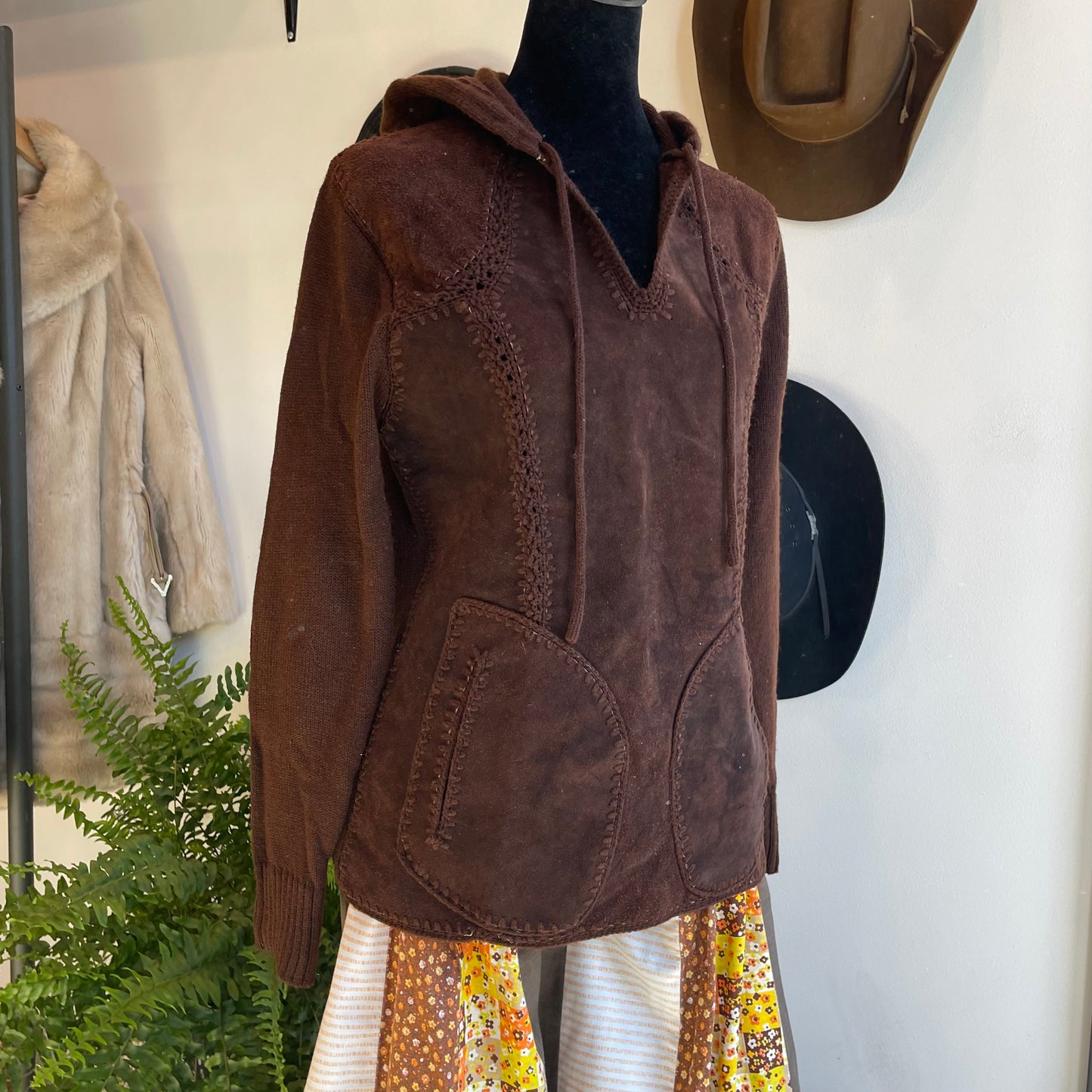 1970s Vintage Crochet Leather Patchwork Knit Sweater