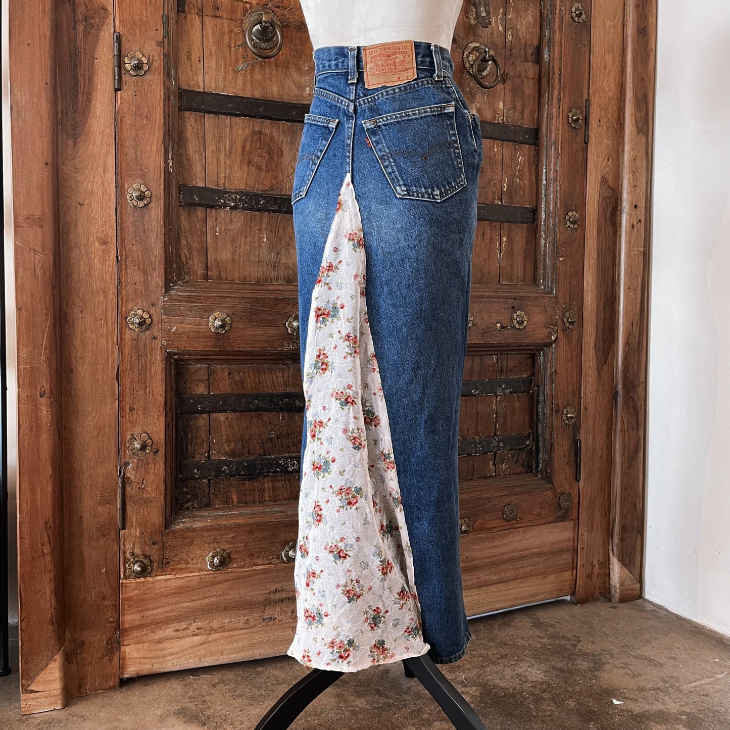1990s Vintage Levi’s Upcycled Denim Skirt with Floral Insets