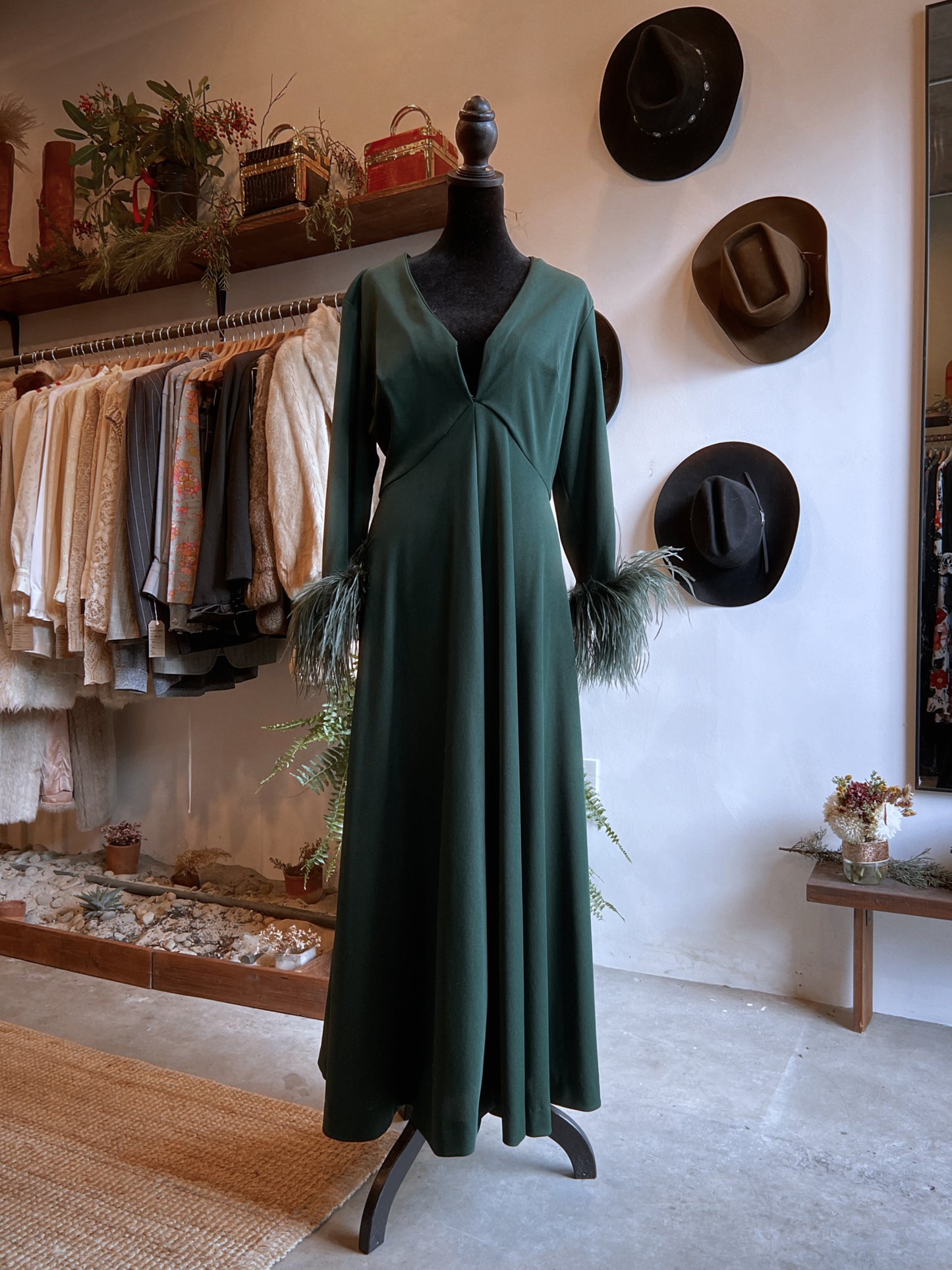 1960s Vintage Knit Gown with Ostrich Feather in Green
