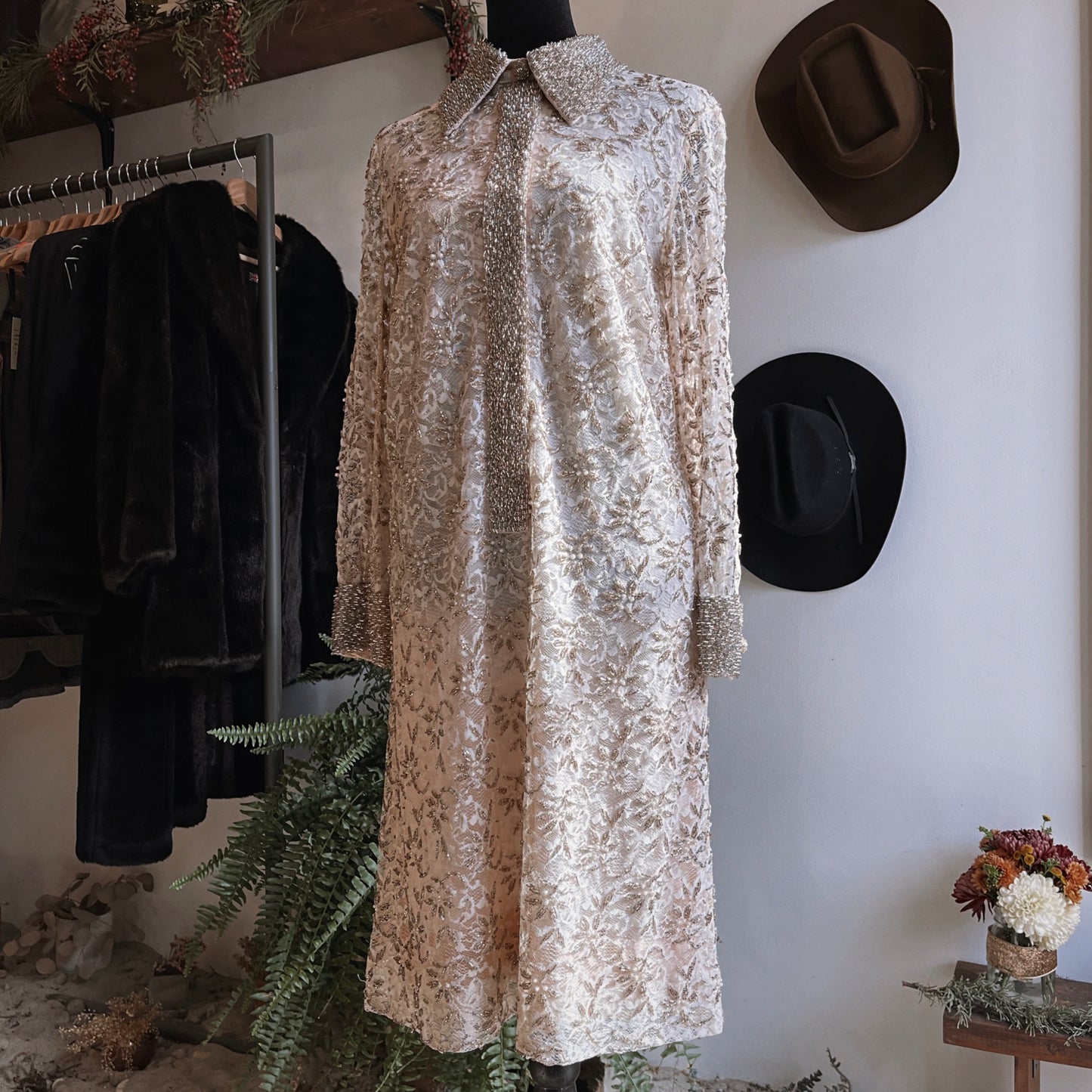 1960s Vintage Couture Silk Lace Beaded Dress