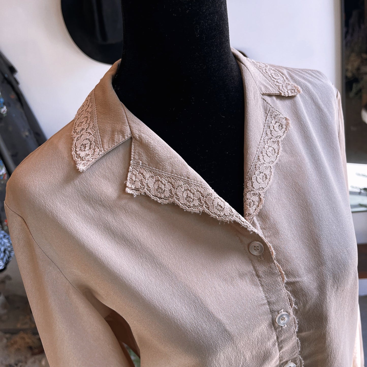 1970s Vintage Tan with Lace Hem Blouse