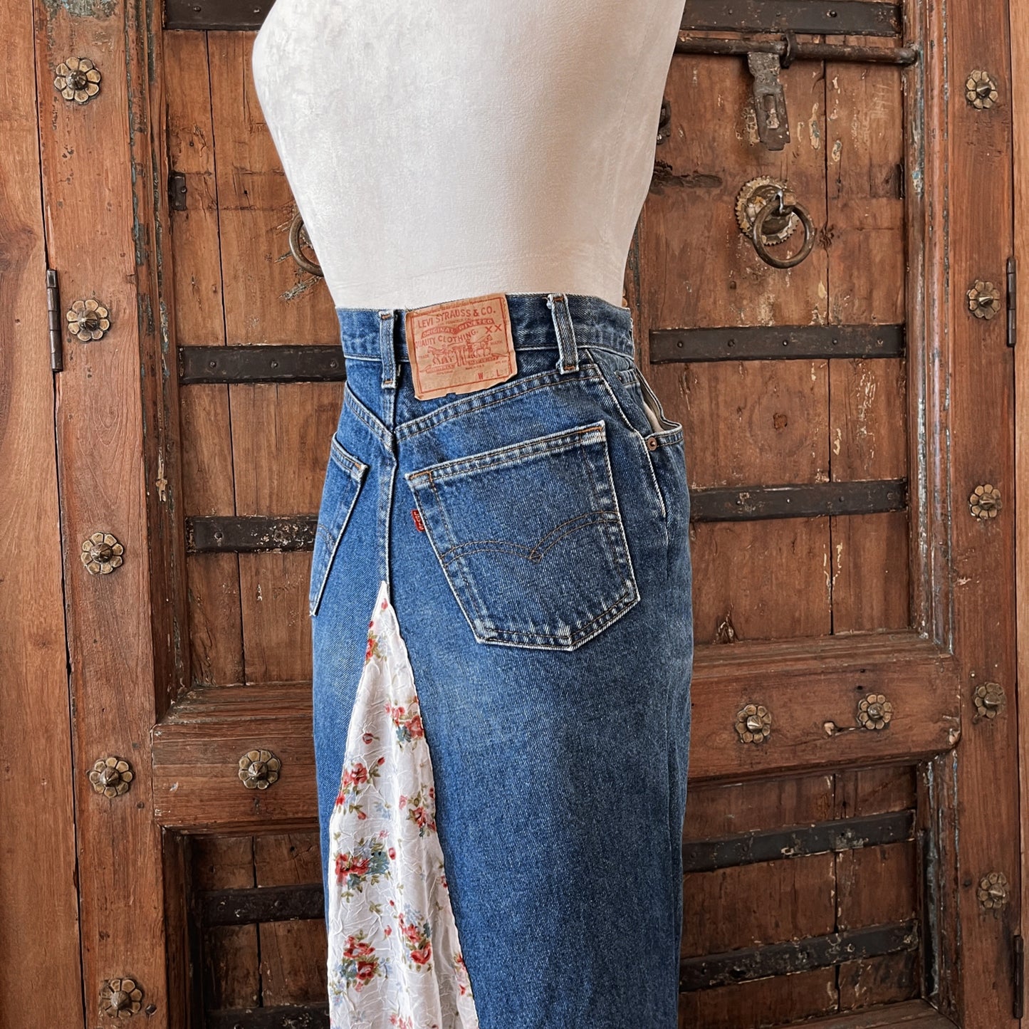 1990s Vintage Levi’s Upcycled Denim Skirt with Floral Insets