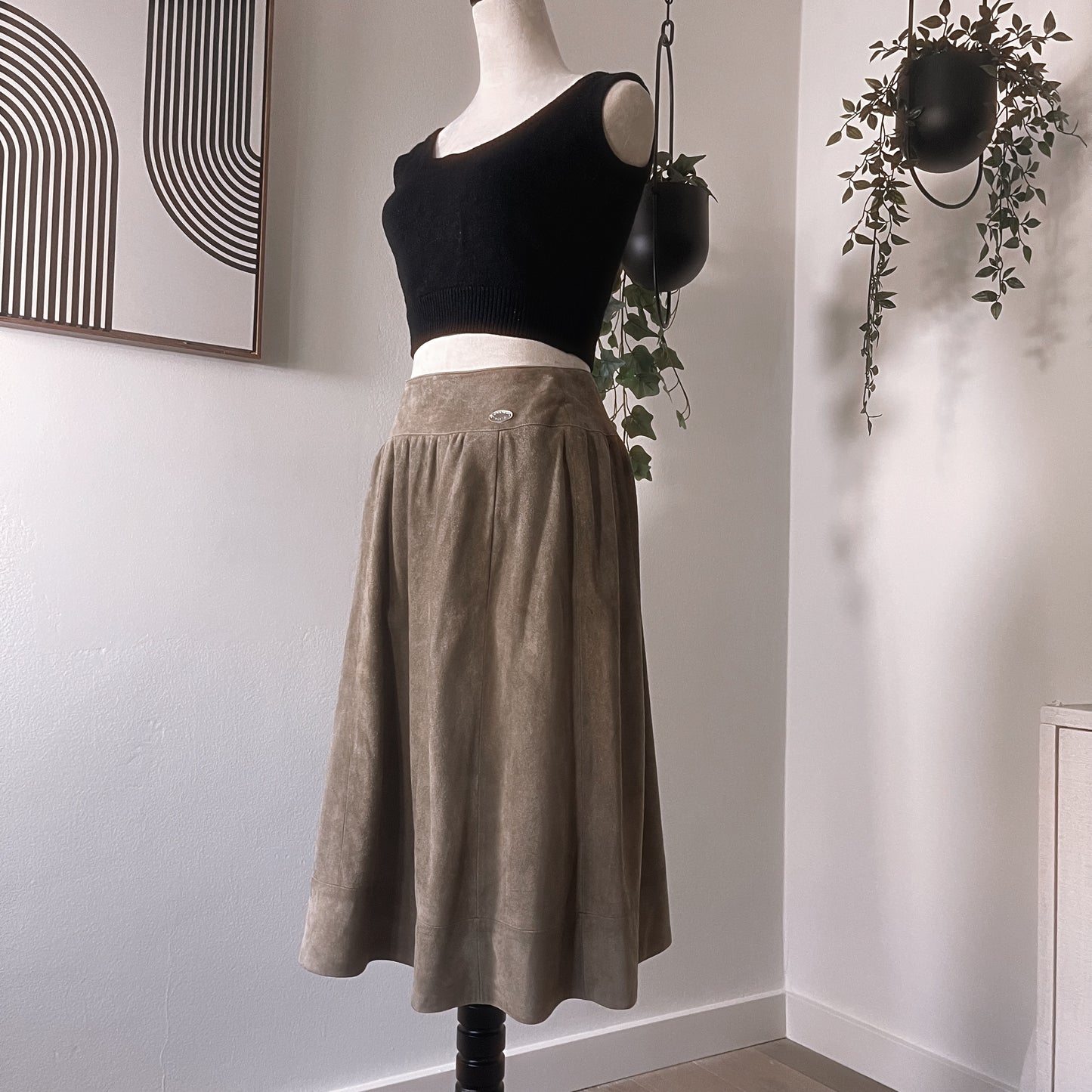 Vintage Chanel Bergdorf Goodman Suede Leather Midi Skirt