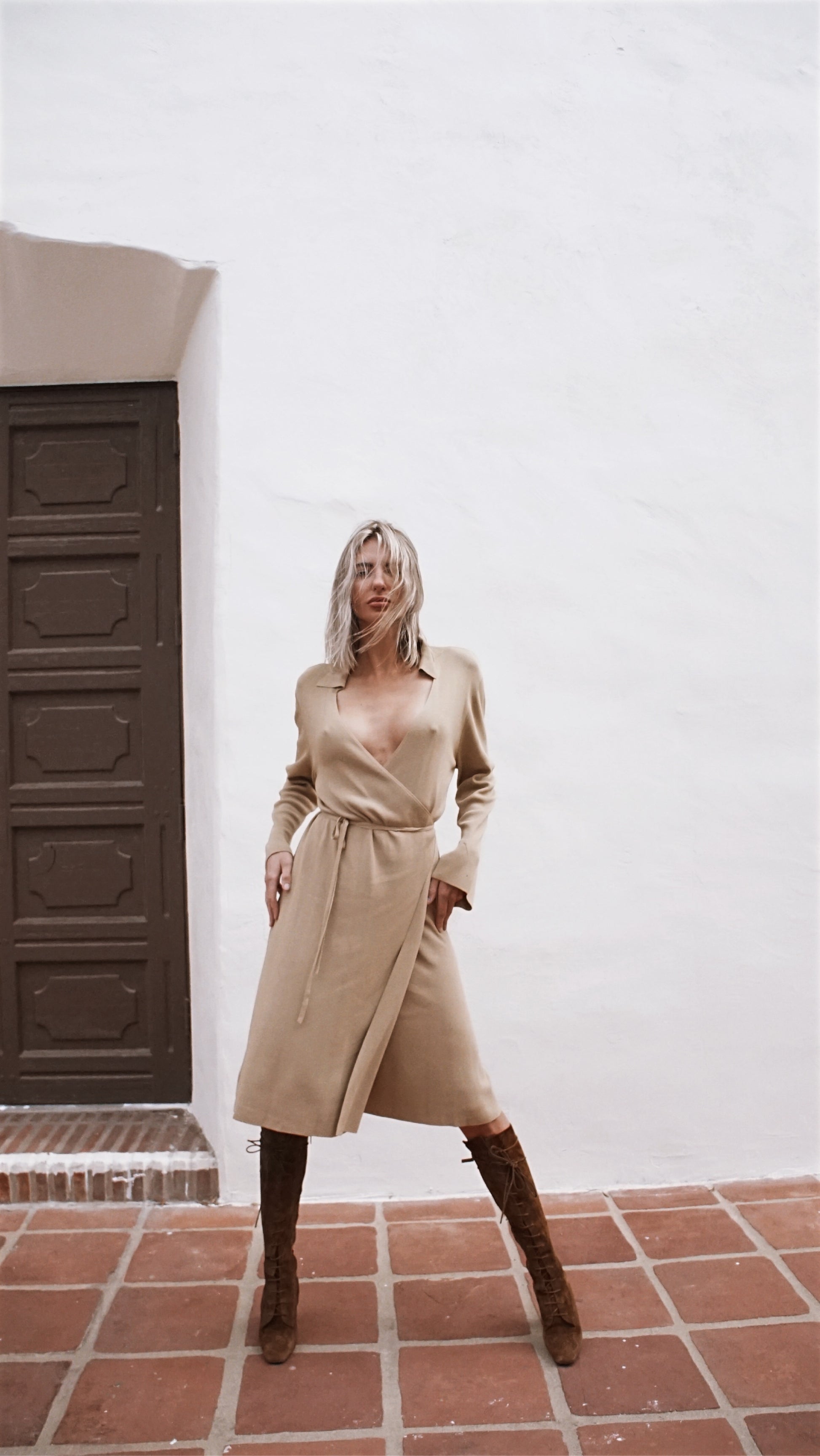 Vintage 80’s Max Studio Minimalist Knit Wrap Dress in Tan - SHOP EZRA