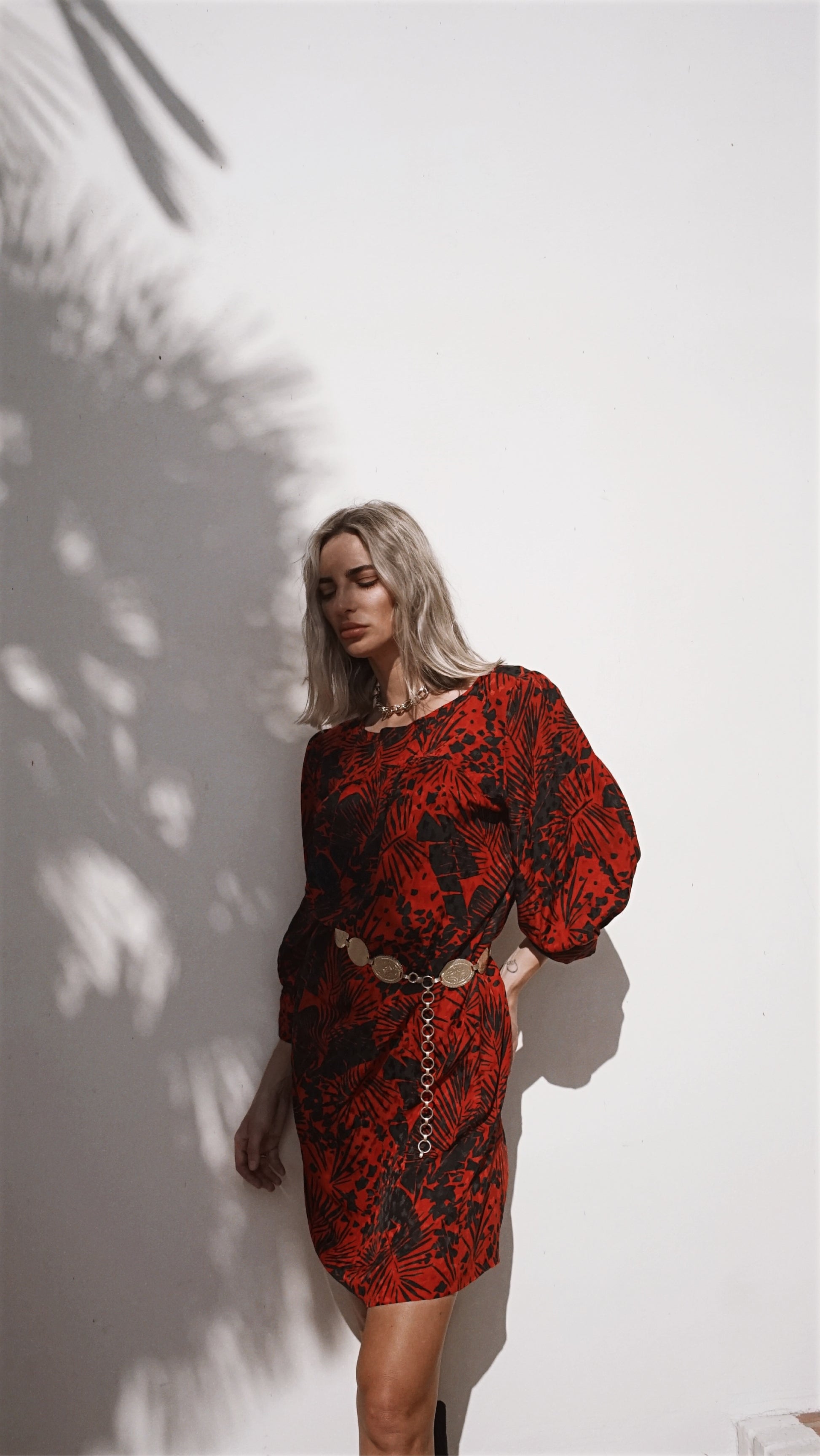 Vintage 80’s Yves Saint Laurent RedBlack Tropical Balloon Sleeve Dress - SHOP EZRA