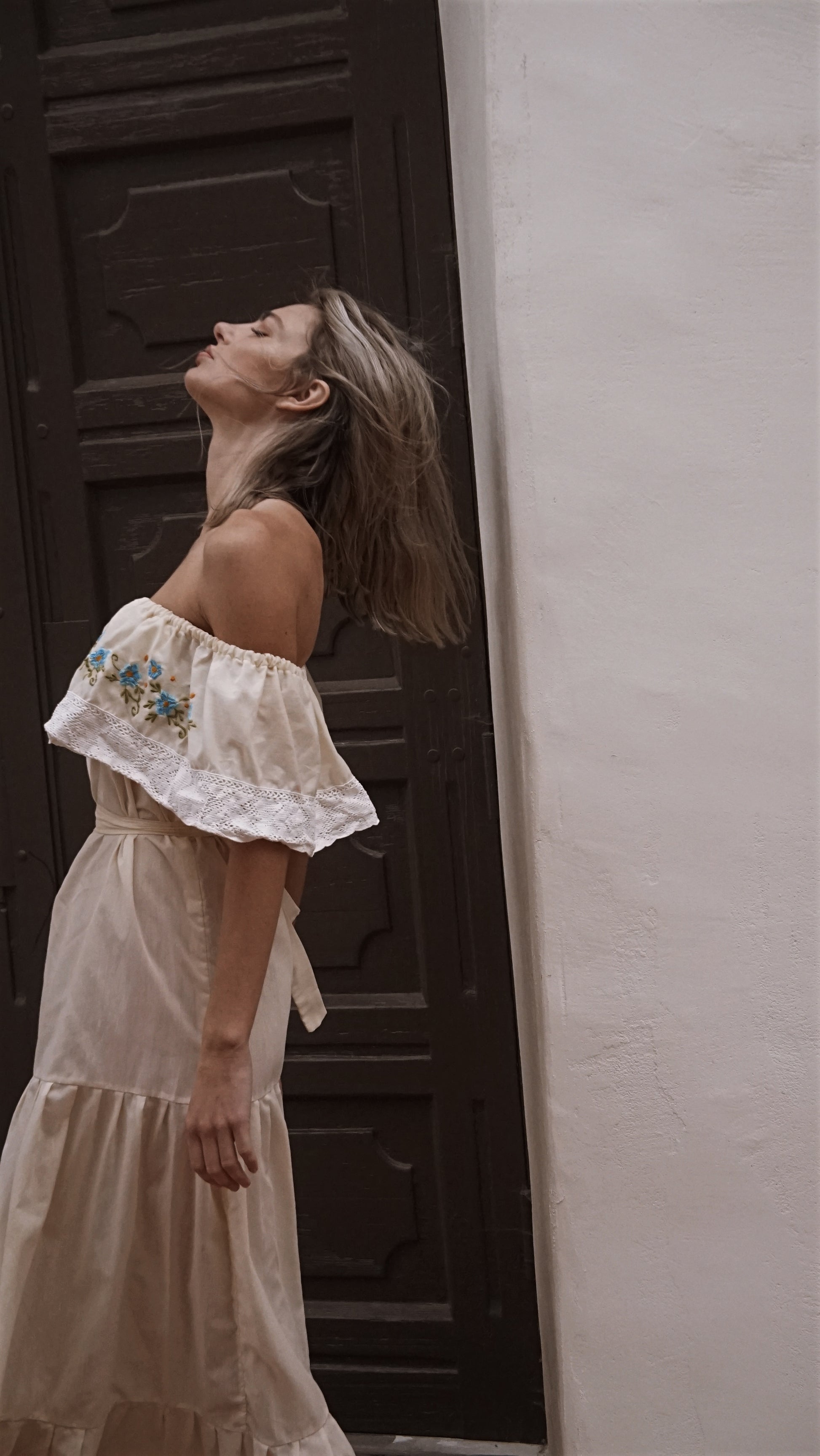Vintage Traditional Tiered Dress by Hail in Creme with Floral Embroidery - SHOP EZRA