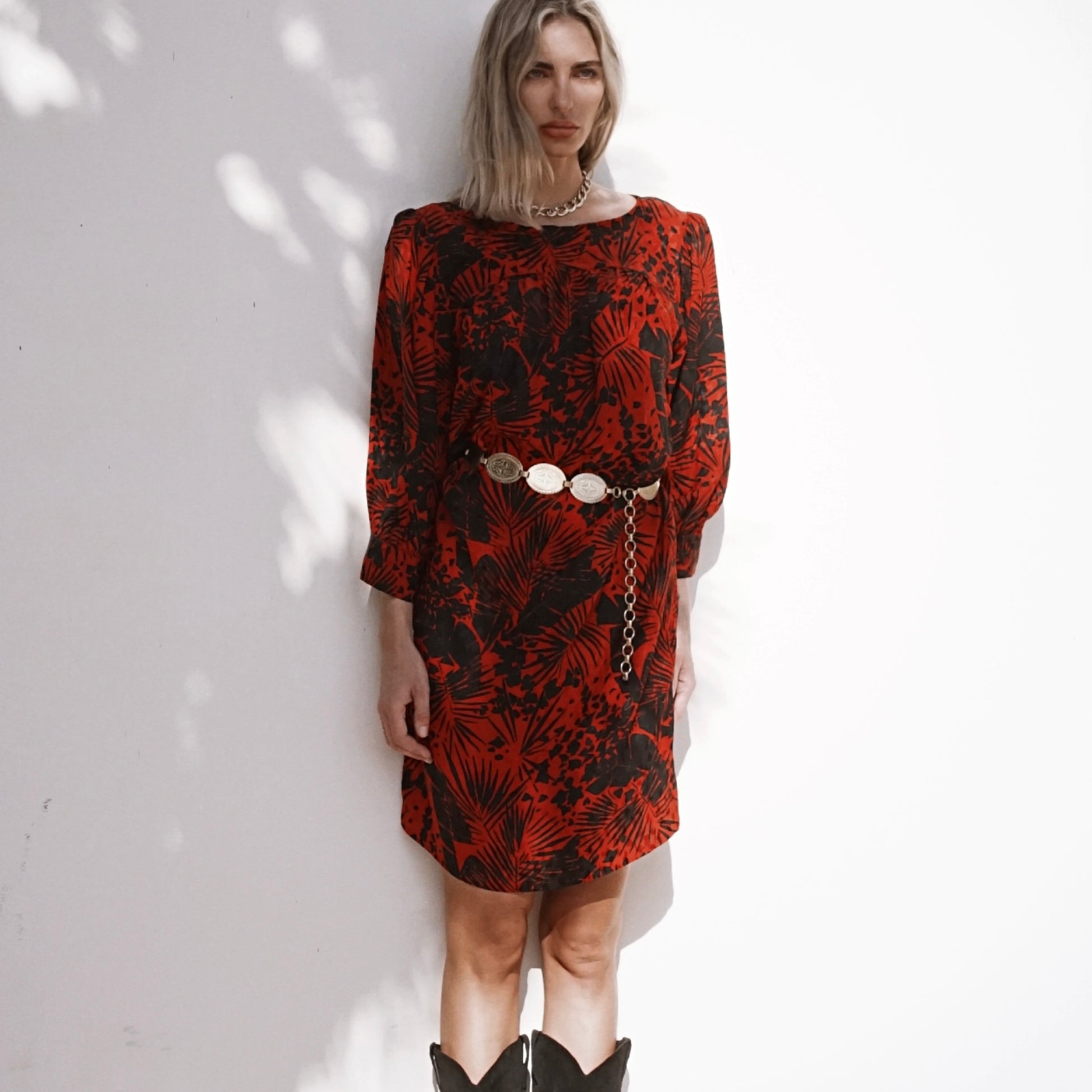 Vintage 80’s Yves Saint Laurent RedBlack Tropical Balloon Sleeve Dress - SHOP EZRA