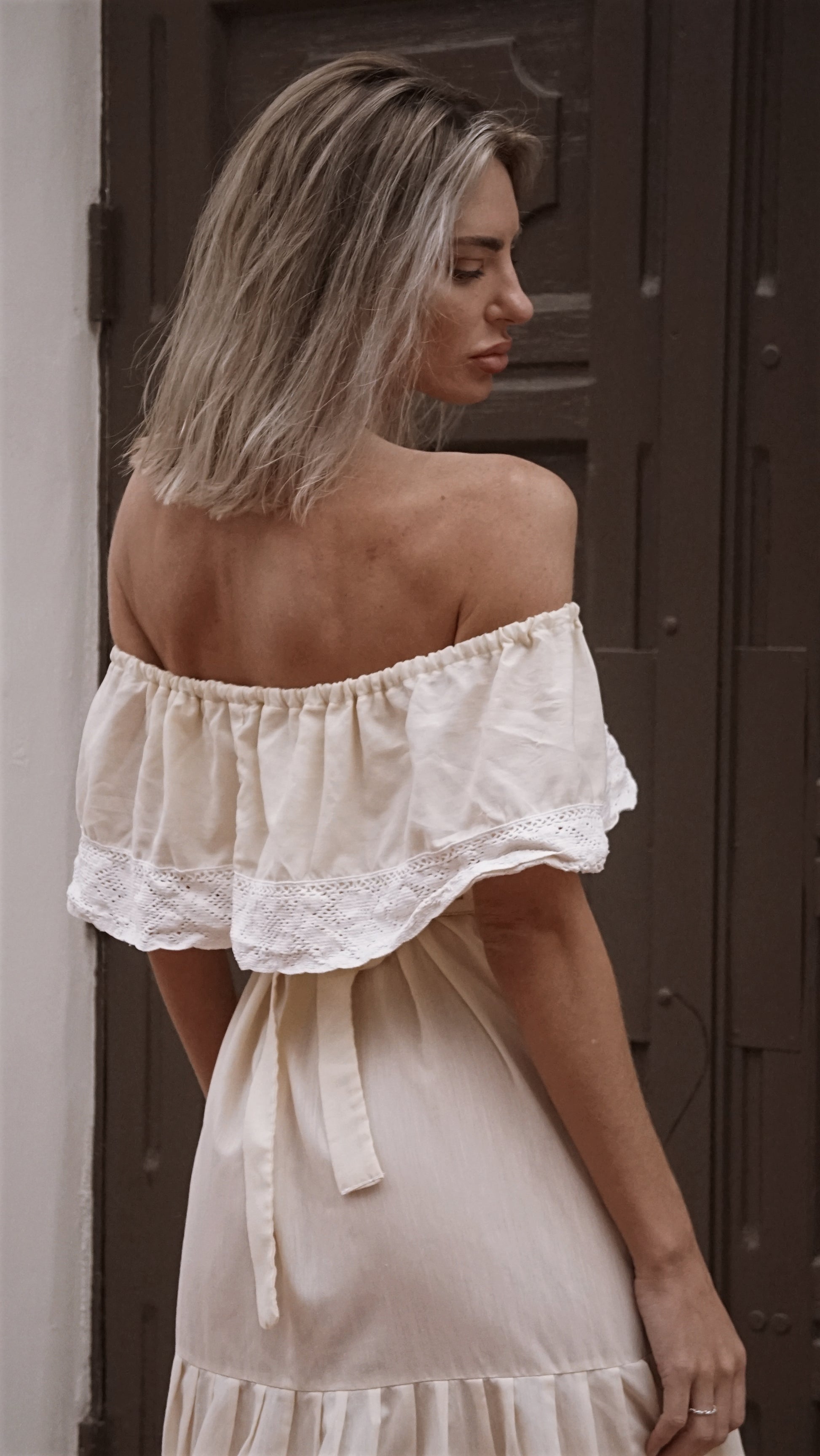 Vintage Traditional Tiered Dress by Hail in Creme with Floral Embroidery - SHOP EZRA