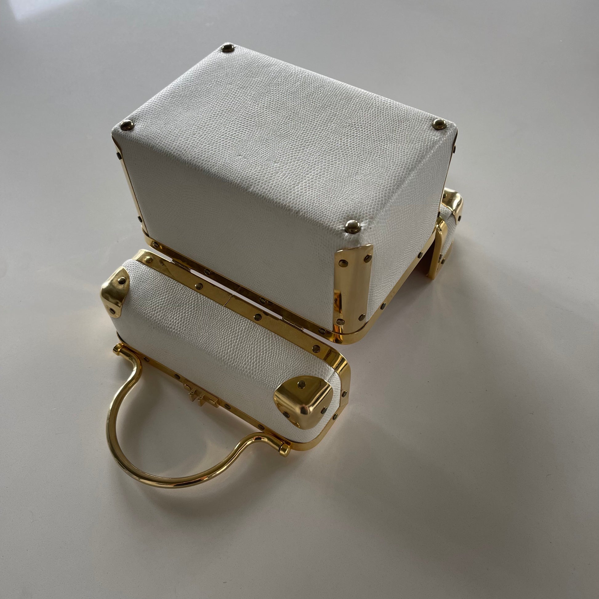 Vintage 60’s Trunk Bag in White Leather with Gold Hardware by Lizette New York - SHOP EZRA