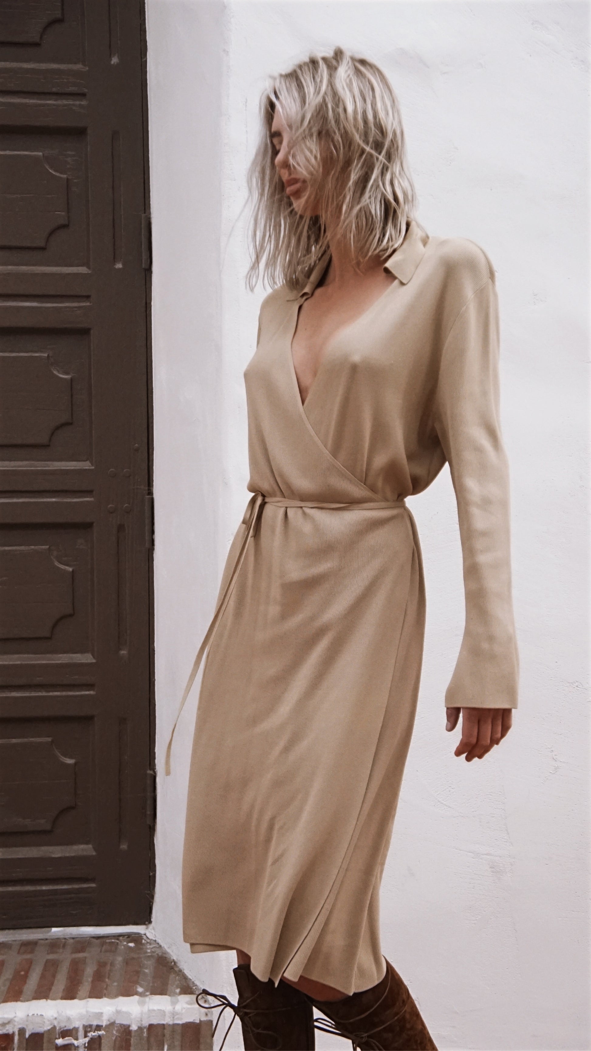 Vintage 80’s Max Studio Minimalist Knit Wrap Dress in Tan - SHOP EZRA