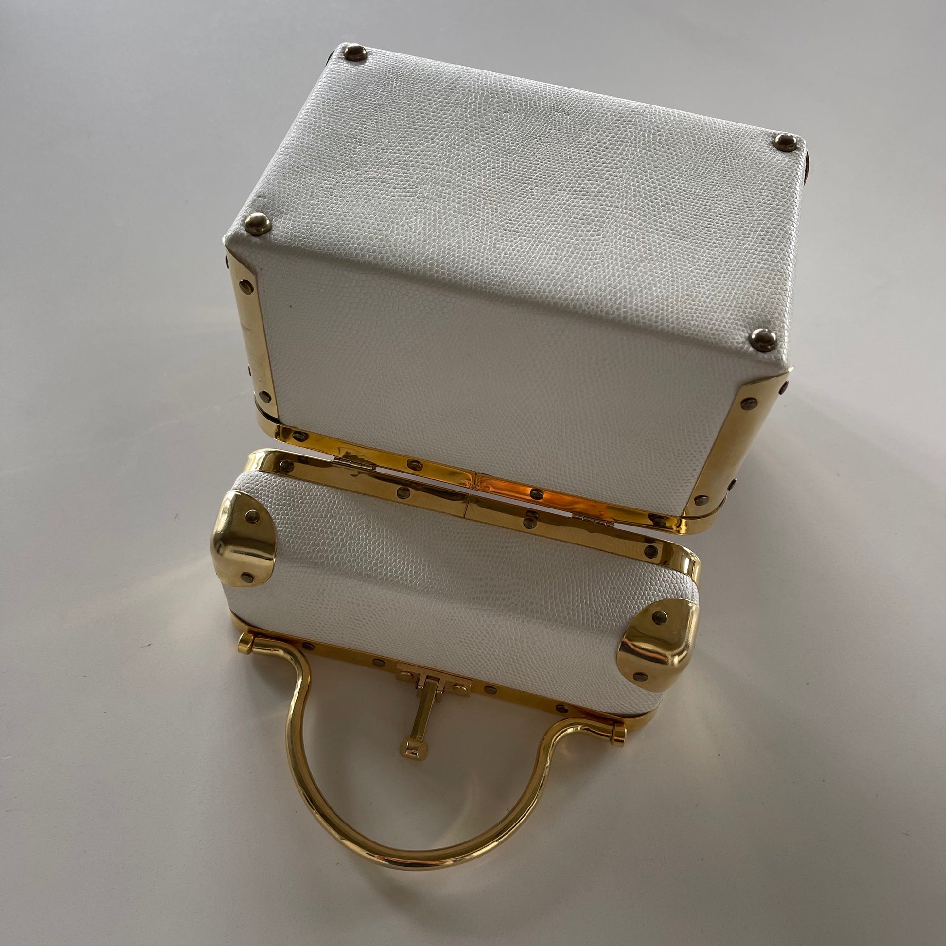 Vintage 60’s Trunk Bag in White Leather with Gold Hardware by Lizette New York - SHOP EZRA