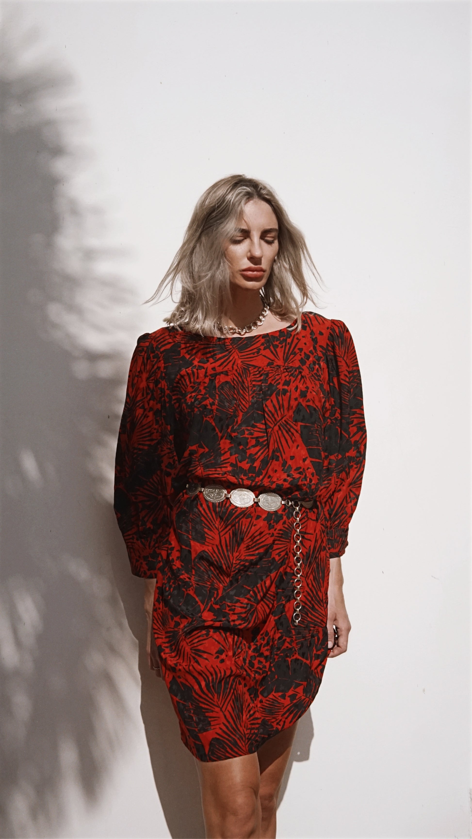 Vintage 80’s Yves Saint Laurent RedBlack Tropical Balloon Sleeve Dress - SHOP EZRA